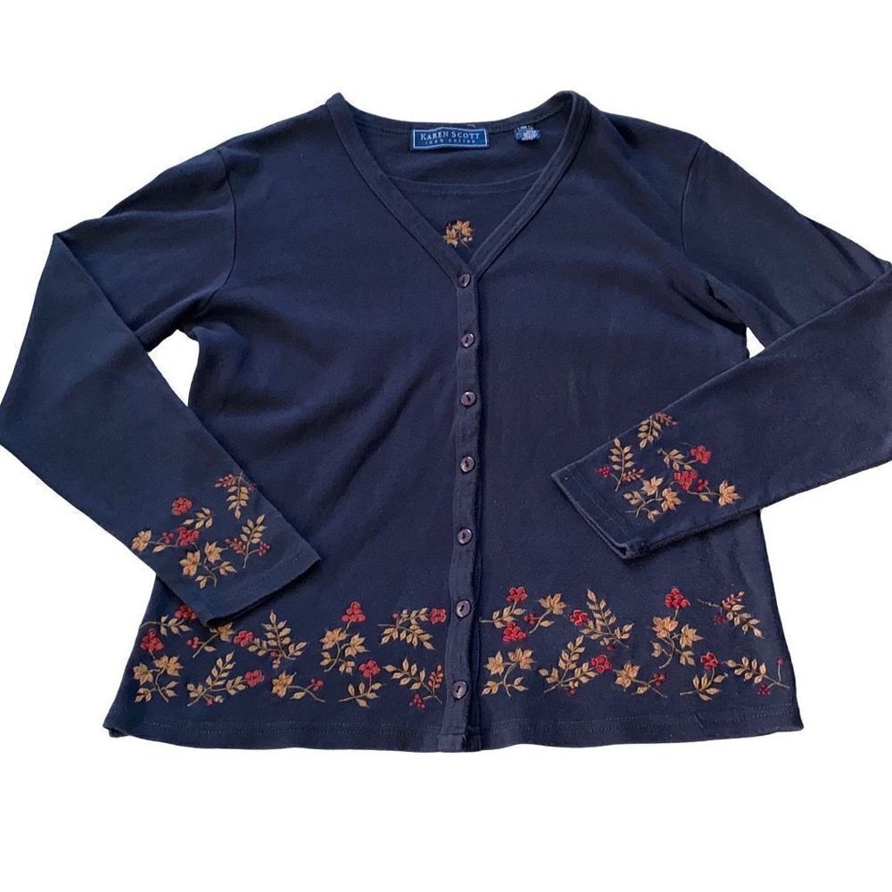 Karen Scott 100% Cotton Fall- Winter Holly Berry Whimsical MCM Navy Long Sleeve